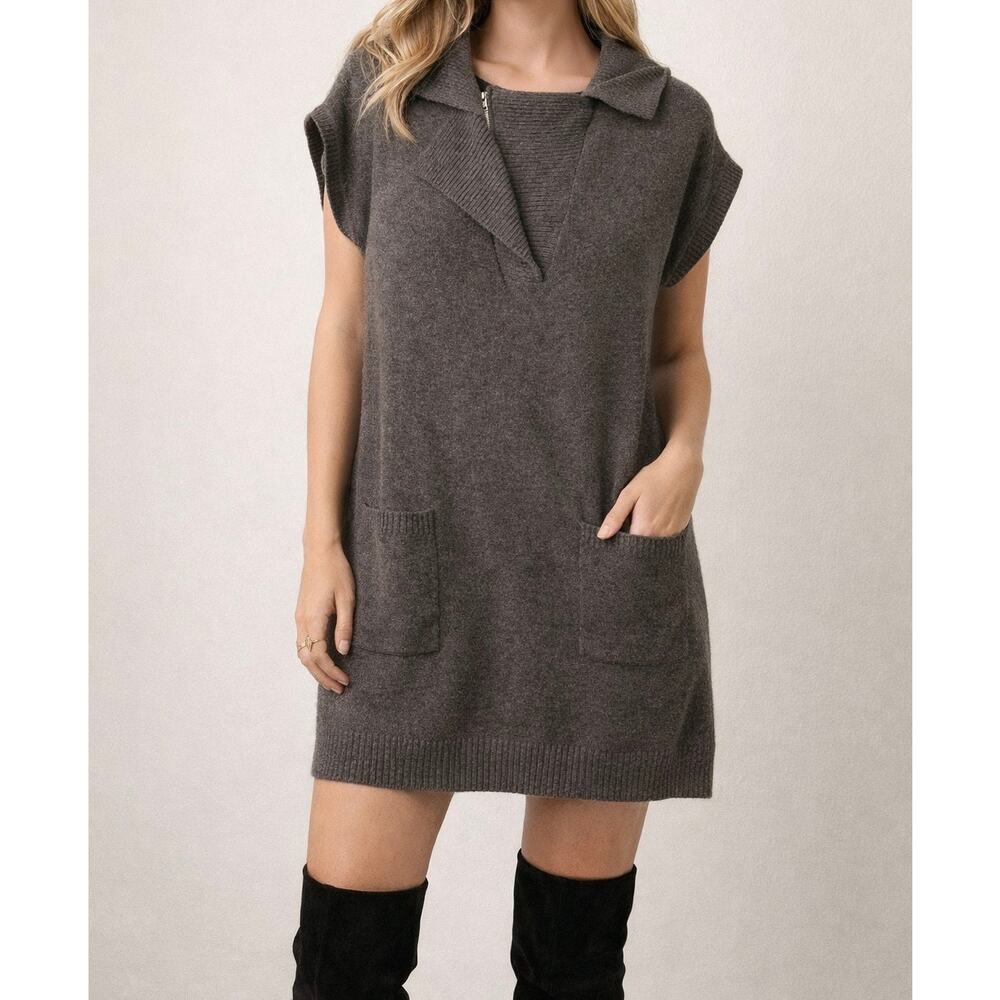 Chelsea & Theodore Cashmere Wool Sweater Dress Large Brown Zip Neck Pockets